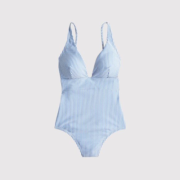 J.CREW Other - J Crew Womens Swimsuit Blue Seersucker Plunge V Neck Flattering One Piece Size 8